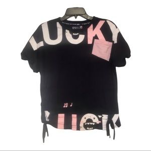 ES Women’s Blue T Shirt Lucky Print Short Sleeve rouching Side Ties streetwear